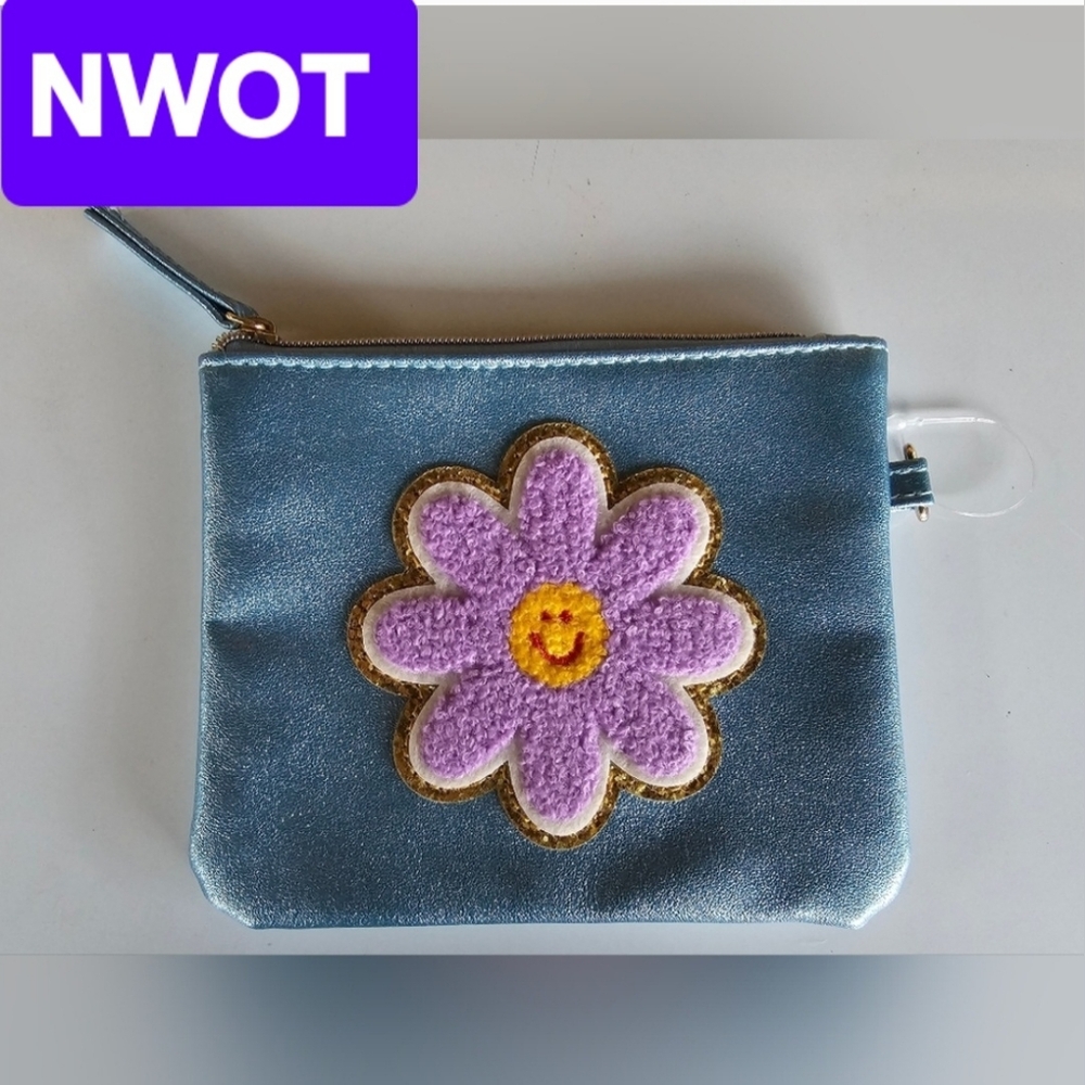 Blue Sparkly Pouch with Purple Flower Appliqué - NWOT